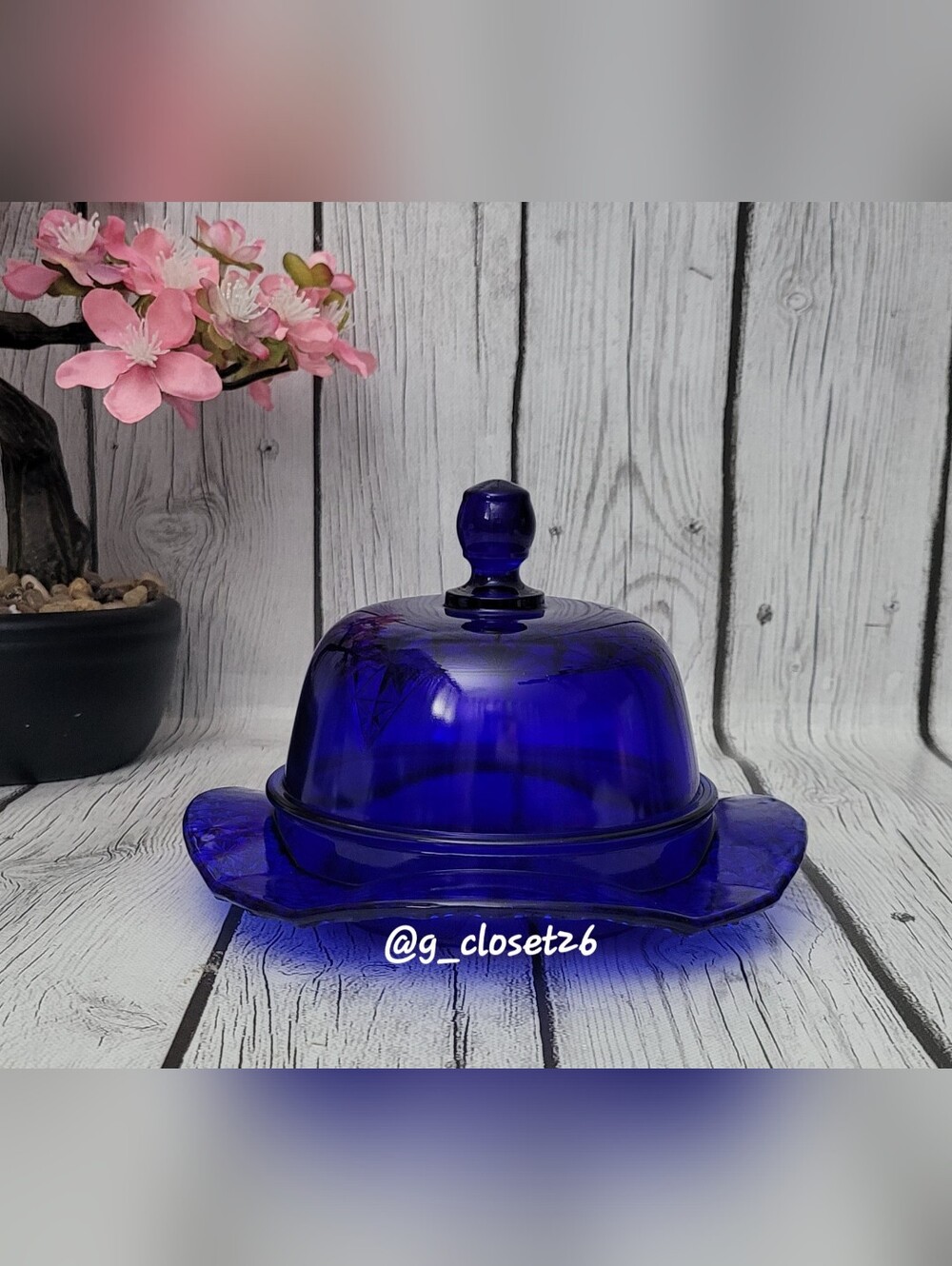 Vtg. Cobalt Blue Glass Butter Dish with Dome Lid